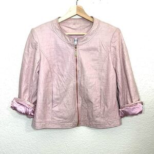 St. John Collection Pink Lamb Leather Jacket Silk Lined Croc Embossed Size 10